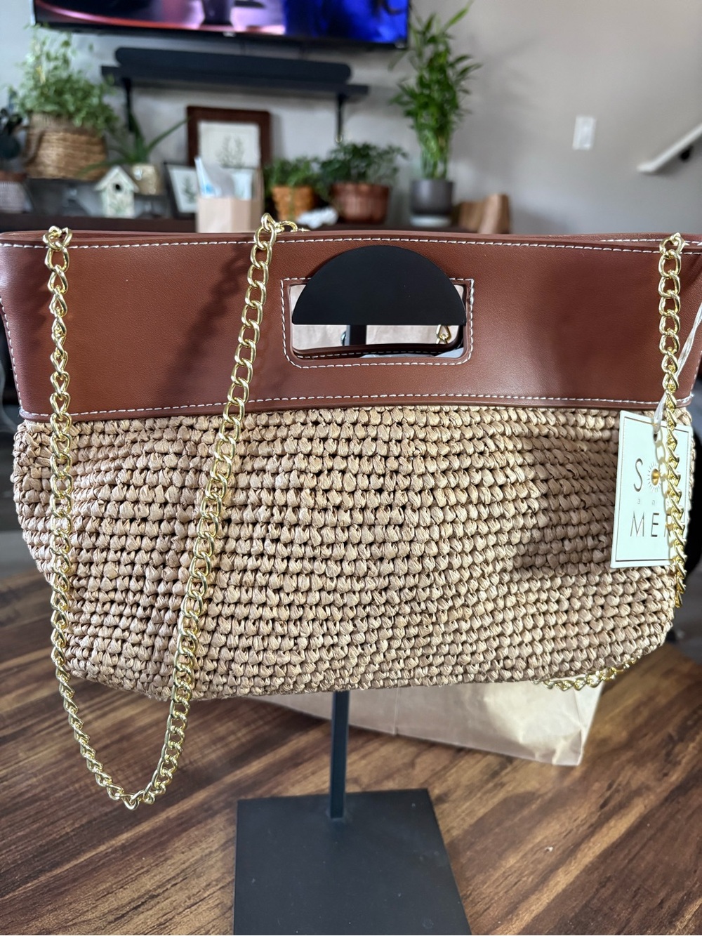 Woven Raffia Shoulder Bag with Brown Trim and Gold Chain